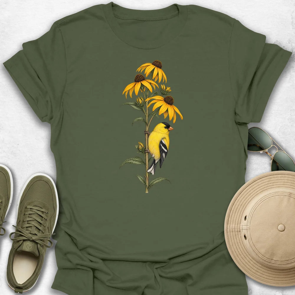 Goldfinch Perched on Rudbeckia T-Shirt