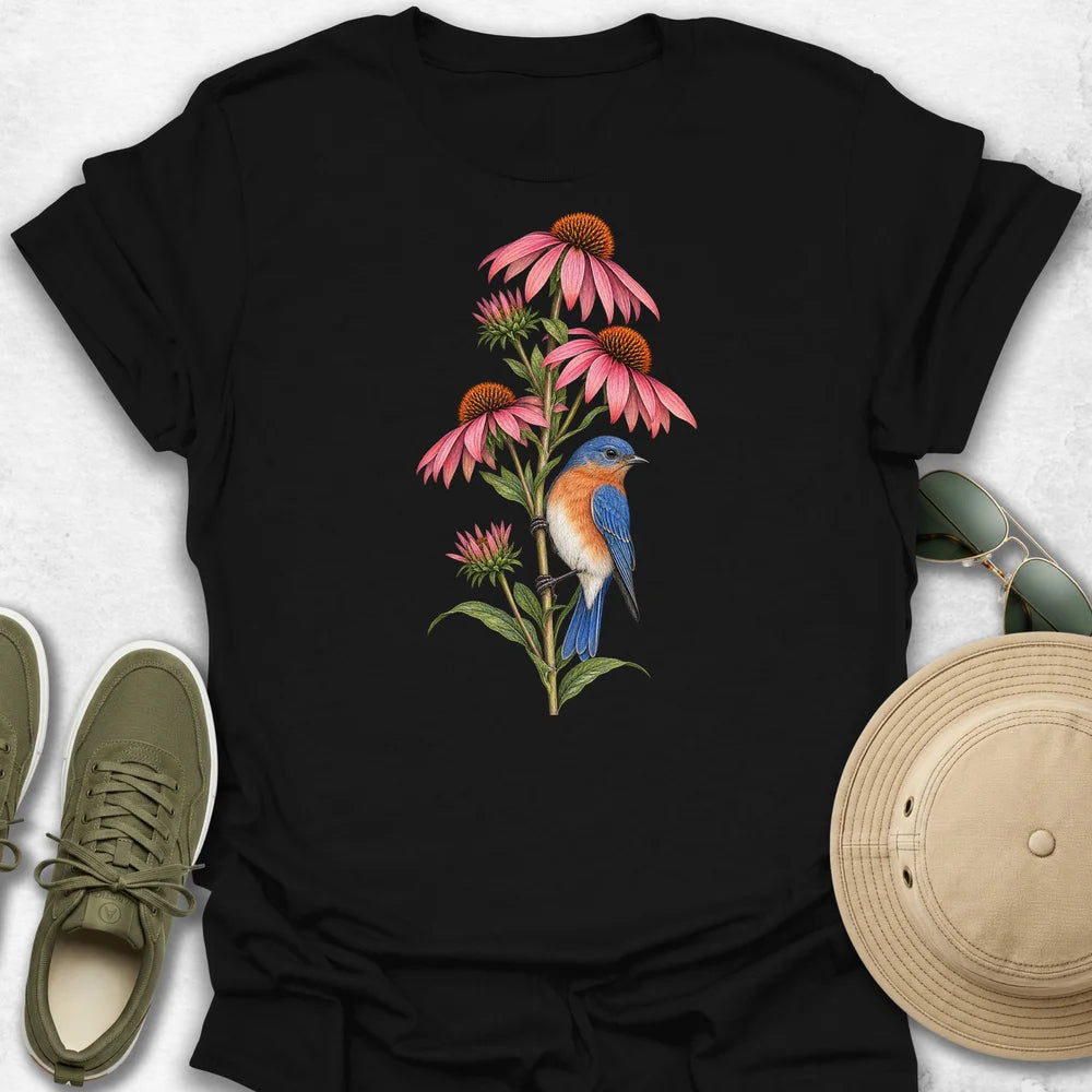 Bluebird Perched on Coneflowers T-Shirt