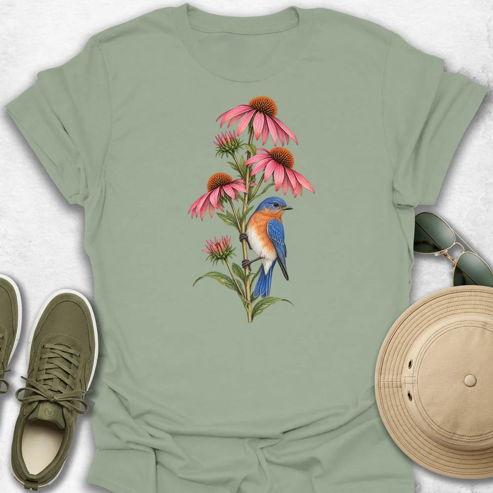 Bluebird Perched on Coneflowers T-Shirt
