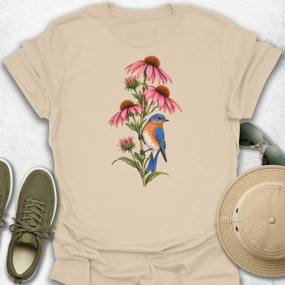 Bluebird Perched on Coneflowers T-Shirt