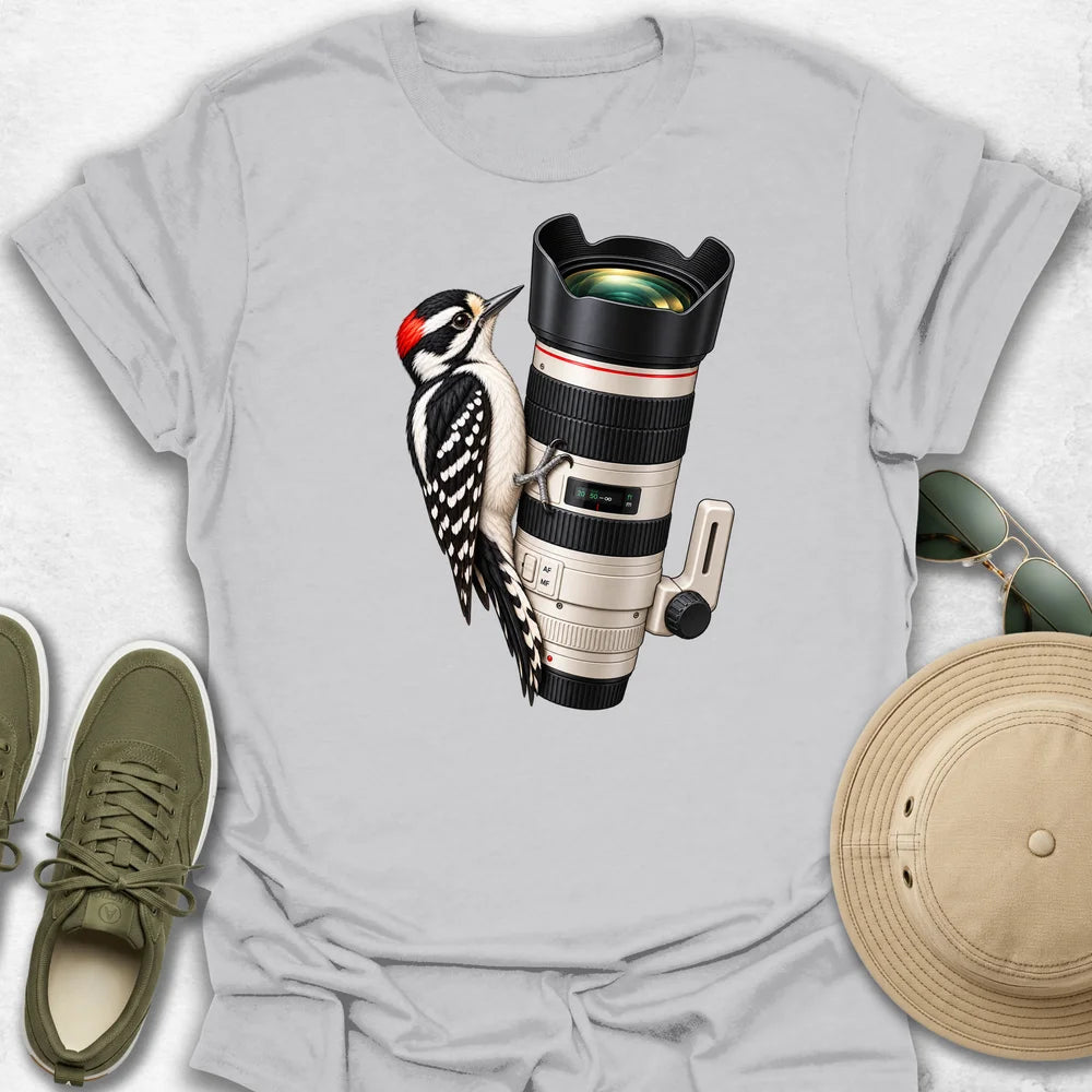 Woodpecker on a Telephoto Lens T-Shirt in Ice Grey