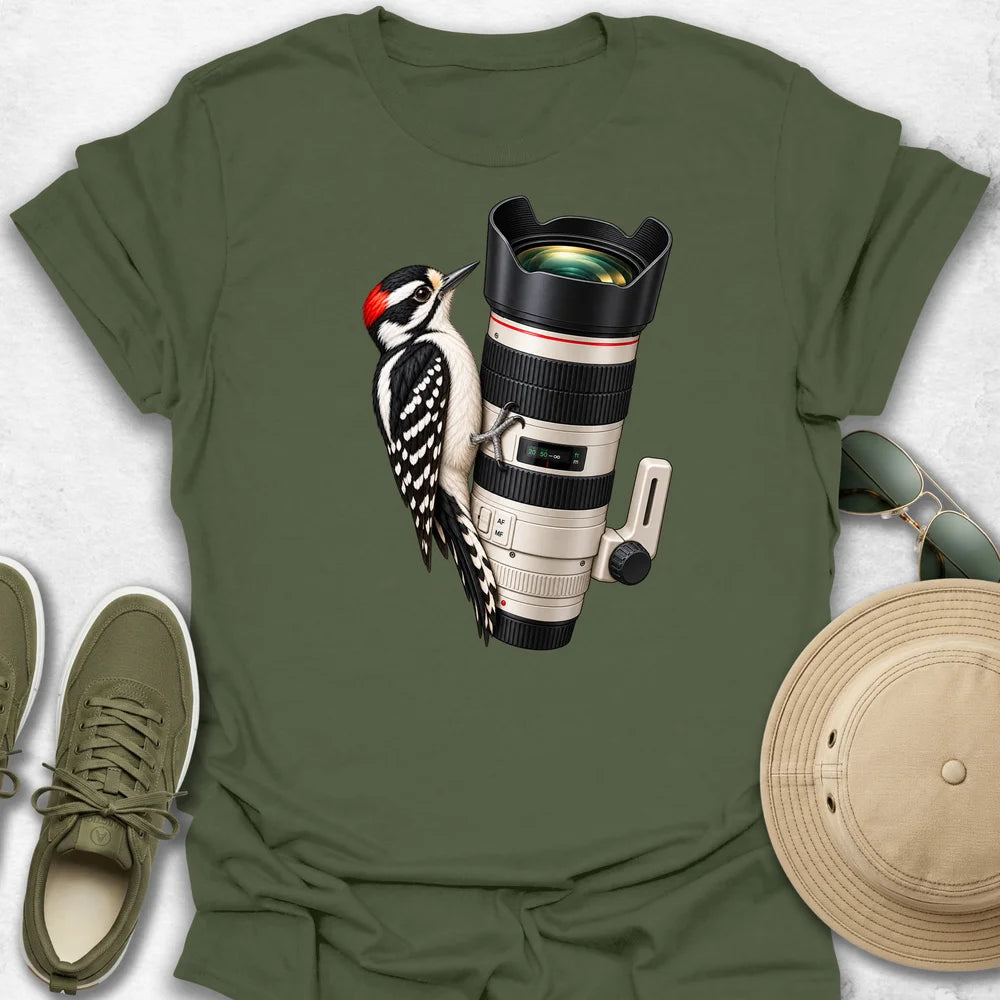 Woodpecker on a Telephoto Lens T-Shirt in Military Green
