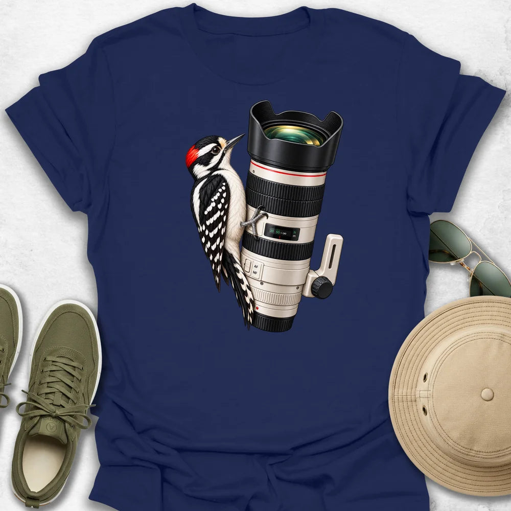 Woodpecker on a Telephoto Lens T-Shirt in Navy