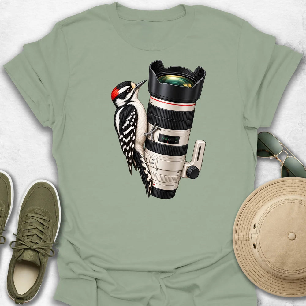 Woodpecker on a Telephoto Lens T-Shirt in Sage
