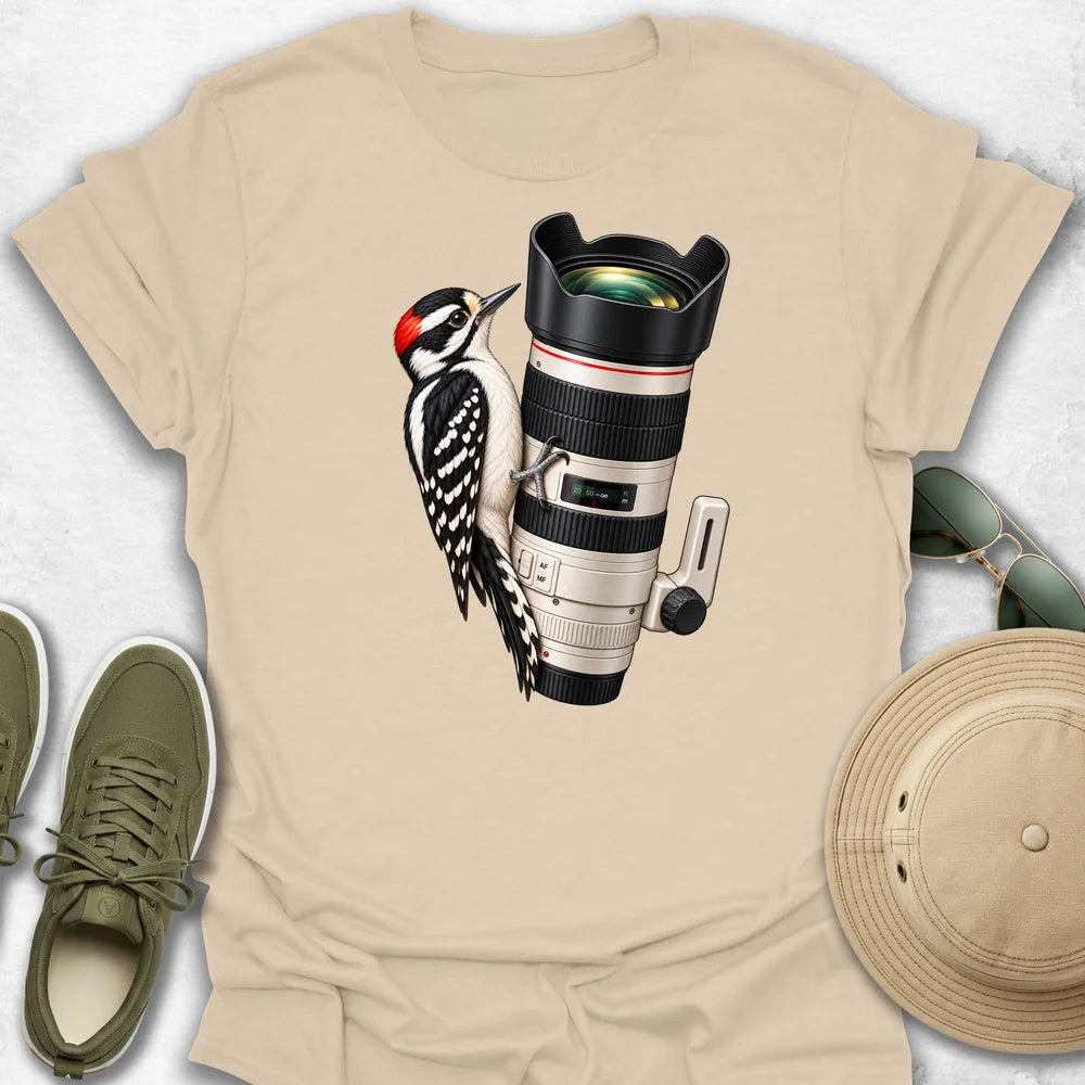 Woodpecker on a Telephoto Lens T-Shirt in Sand