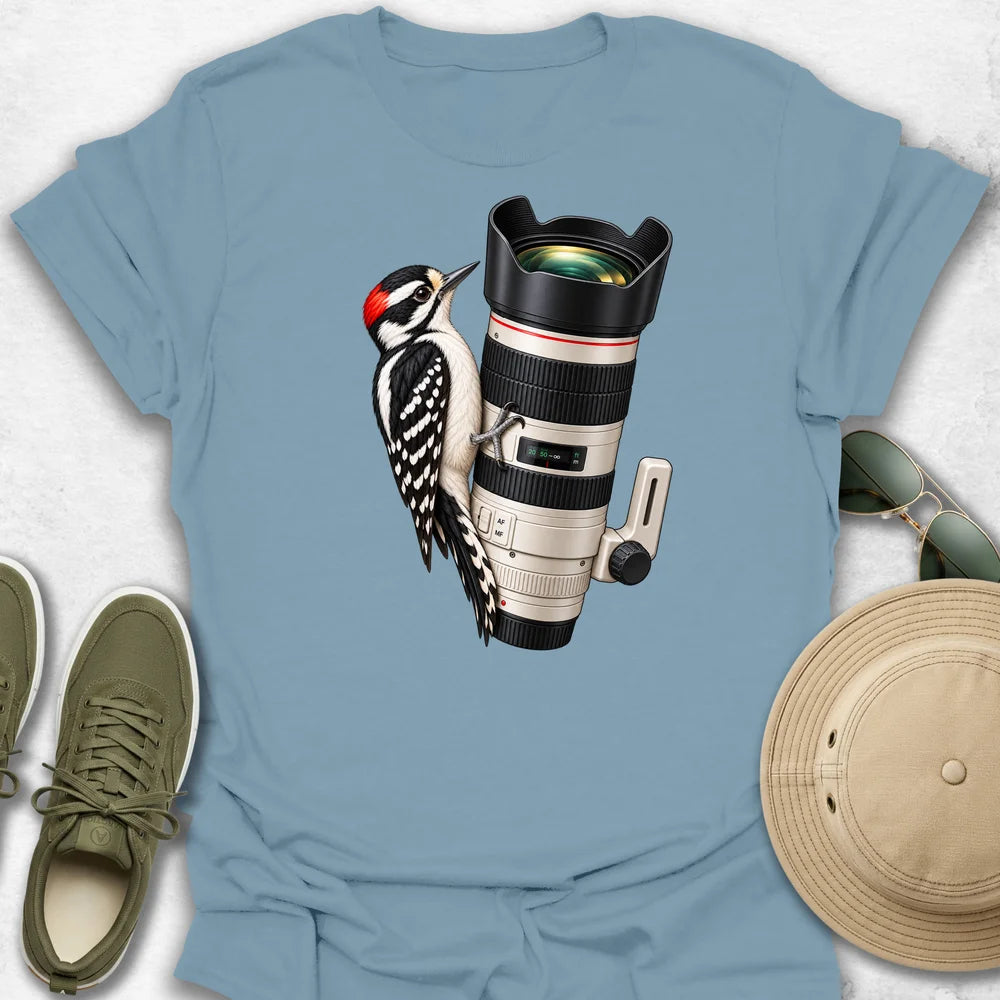 Woodpecker on a Telephoto Lens T-Shirt in Stone Blue