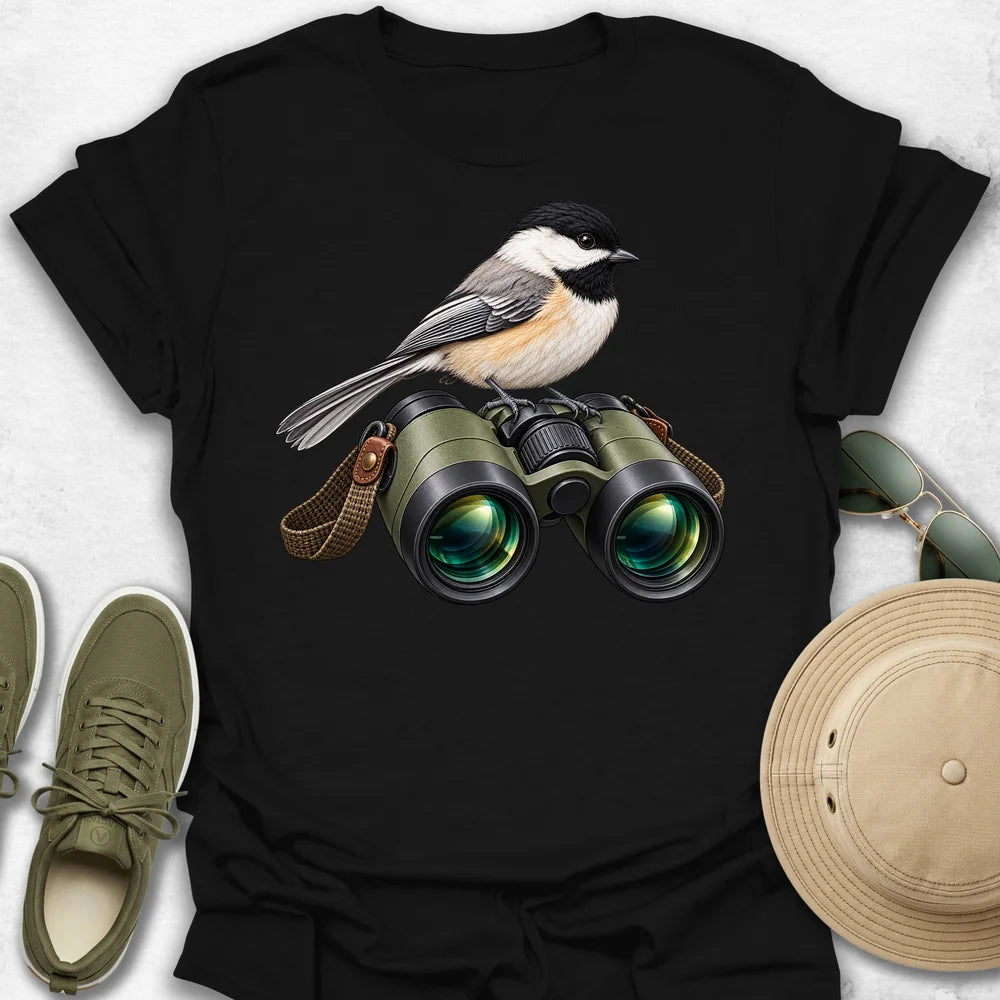 Chickadee Perched on Binoculars T-Shirt