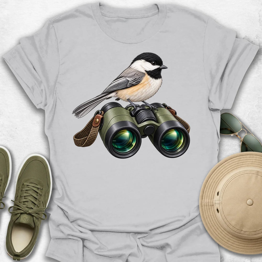 Chickadee Perched on Binoculars T-Shirt