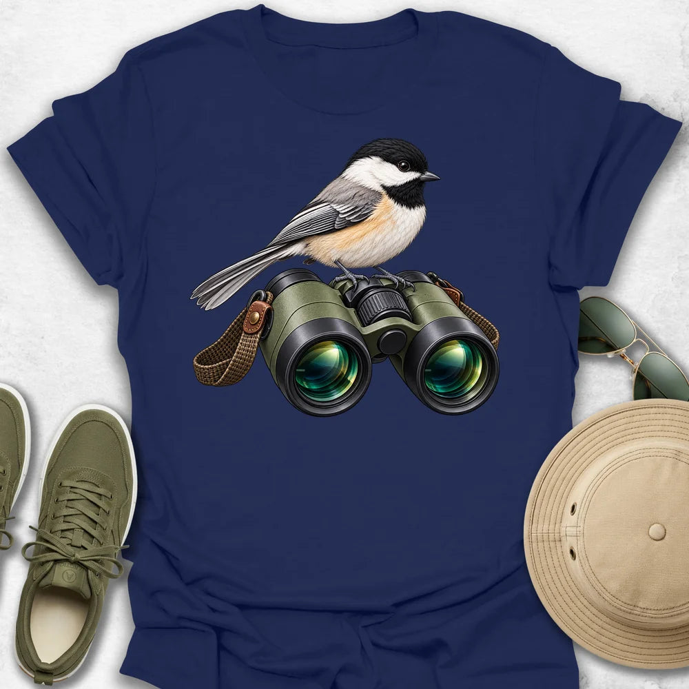 Chickadee Perched on Binoculars T-Shirt