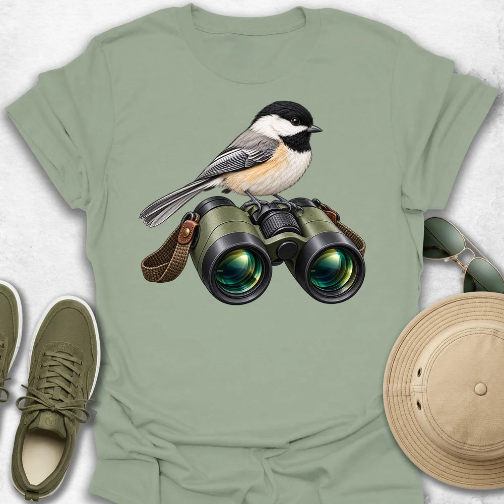 Chickadee Perched on Binoculars T-Shirt