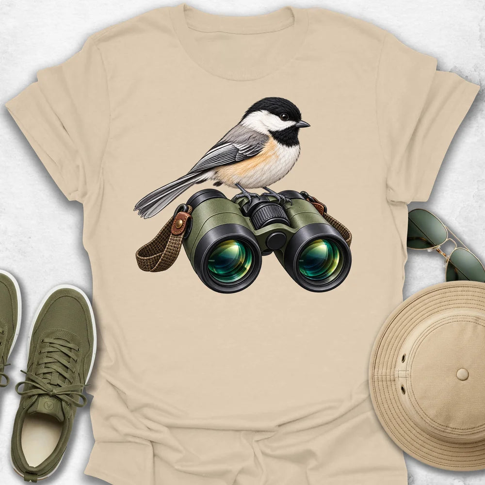 Chickadee Perched on Binoculars T-Shirt