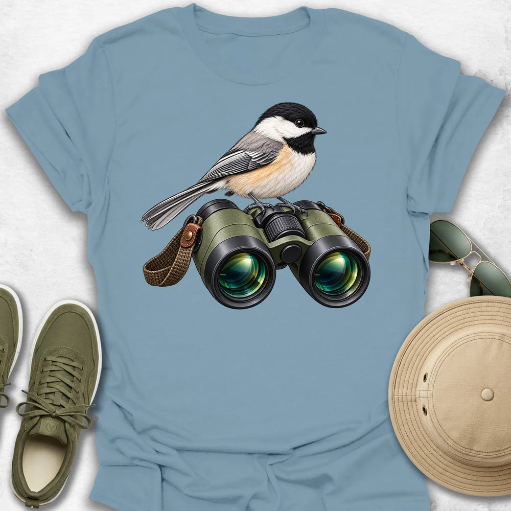 Chickadee Perched on Binoculars T-Shirt