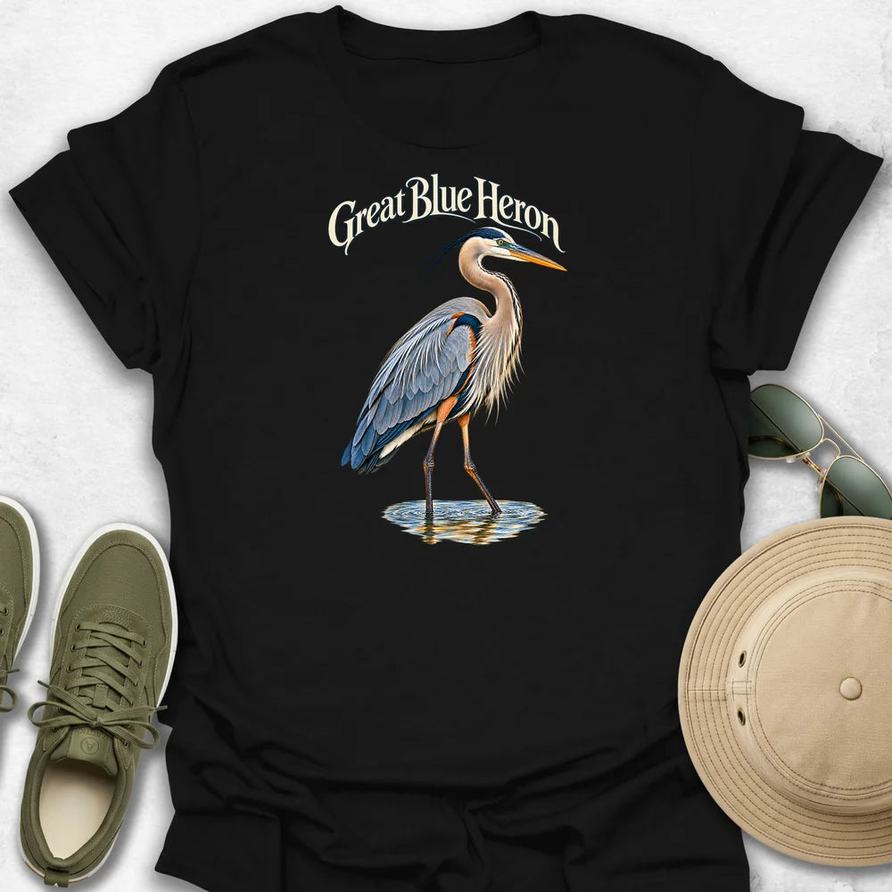 Great Blue Heron in Shallow Water with Name T-Shirt