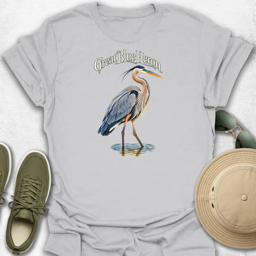 Great Blue Heron in Shallow Water with Name T-Shirt