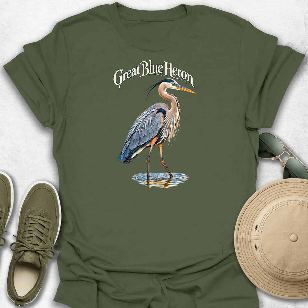 Great Blue Heron in Shallow Water with Name T-Shirt
