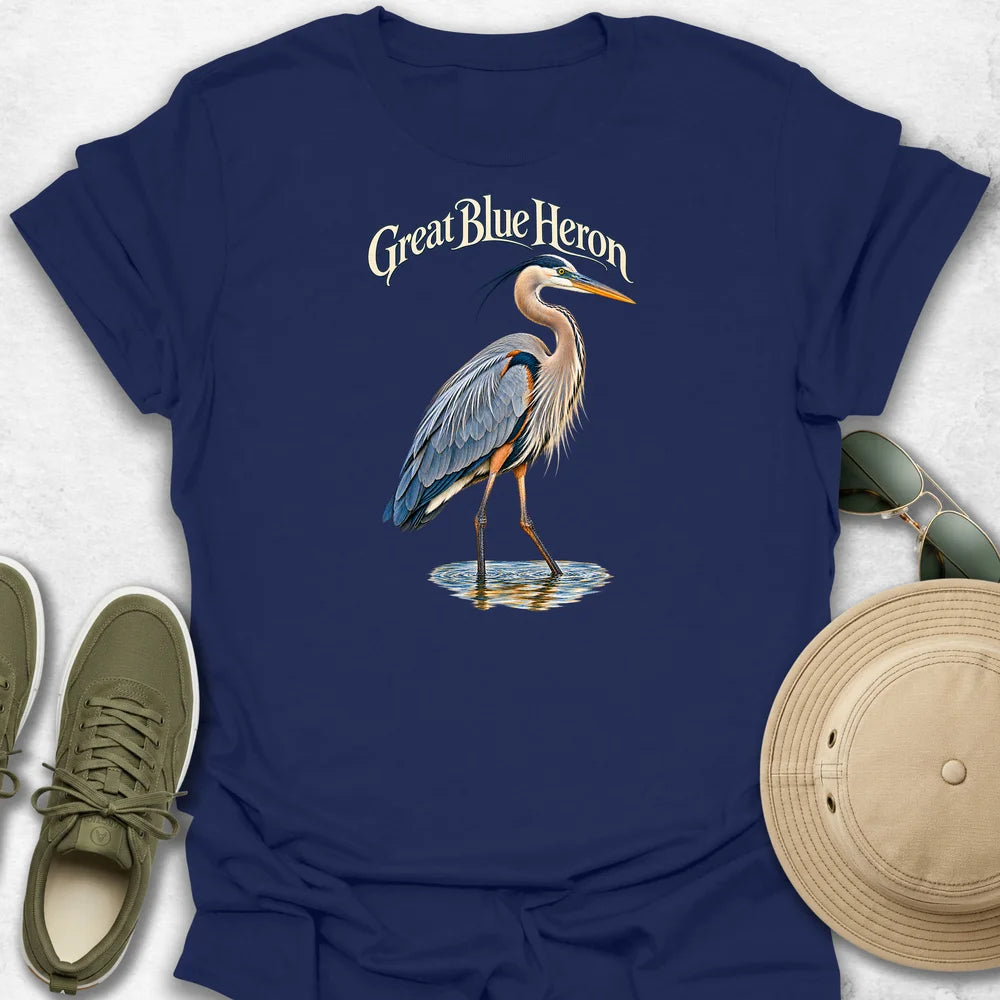 Great Blue Heron in Shallow Water with Name T-Shirt