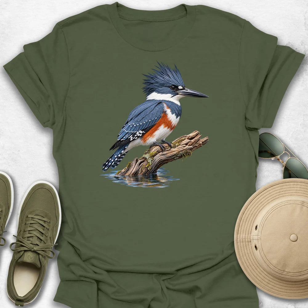 Belted Kingfisher on Mossy Driftwood T-Shirt