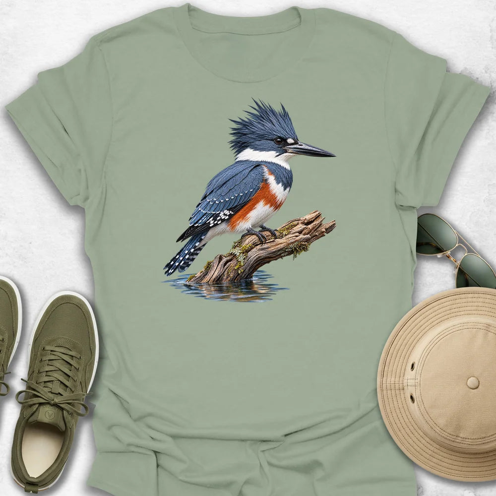 Belted Kingfisher on Mossy Driftwood T-Shirt