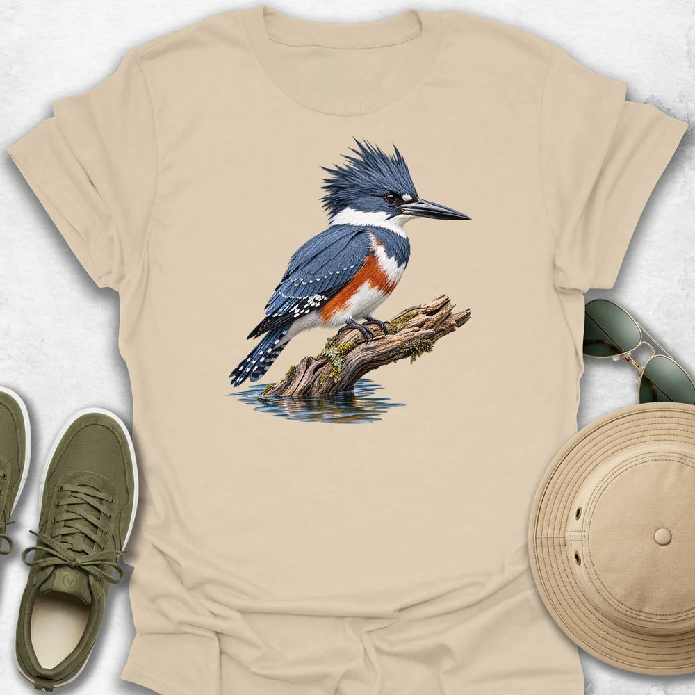 Belted Kingfisher on Mossy Driftwood T-Shirt