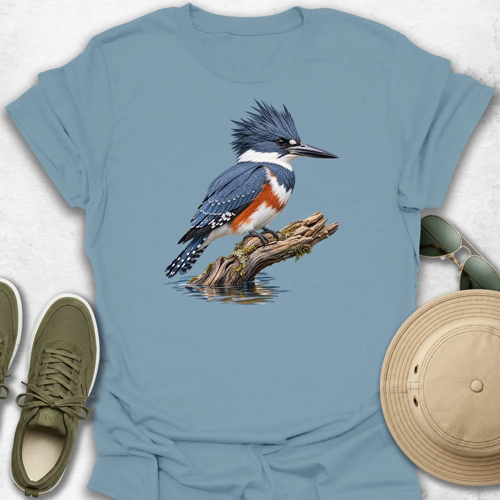 Belted Kingfisher on Mossy Driftwood T-Shirt
