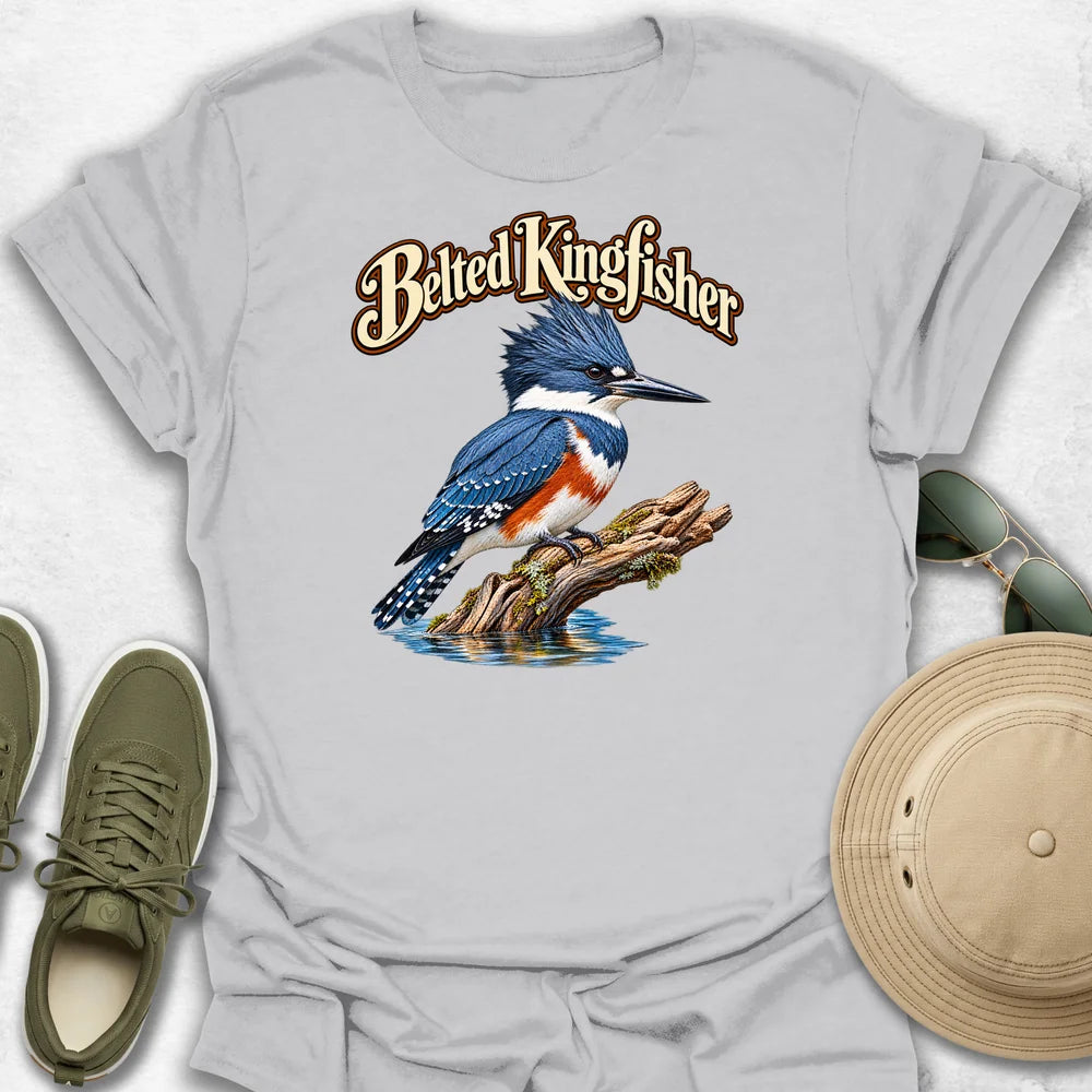 Belted Kingfisher on Mossy Driftwood with Name T-Shirt