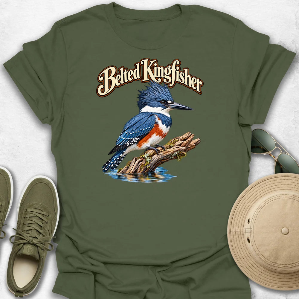 Belted Kingfisher on Mossy Driftwood with Name T-Shirt