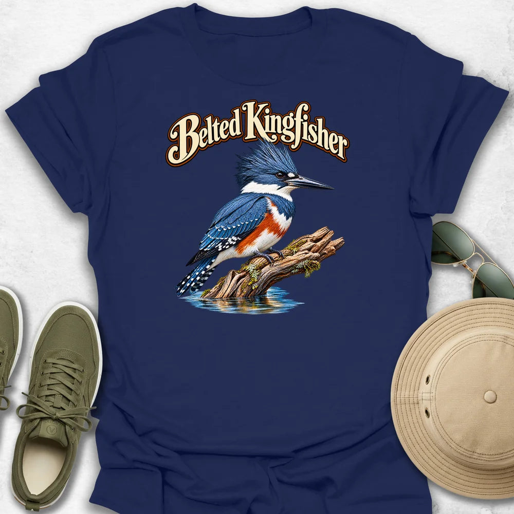 Belted Kingfisher on Mossy Driftwood with Name T-Shirt