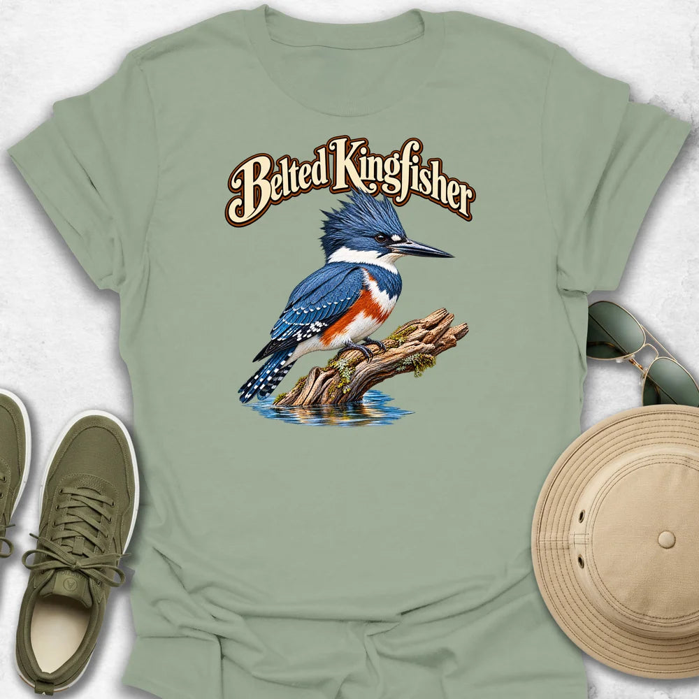Belted Kingfisher on Mossy Driftwood with Name T-Shirt