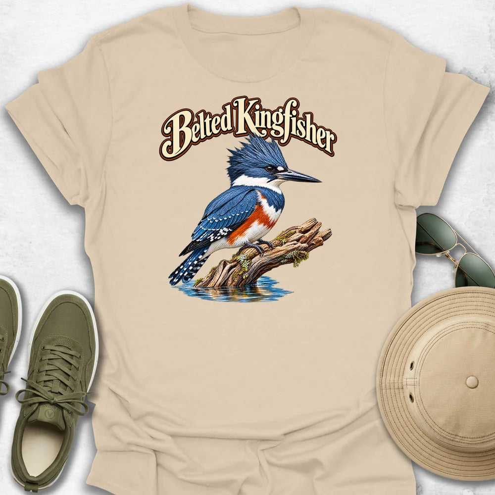 Belted Kingfisher on Mossy Driftwood with Name T-Shirt