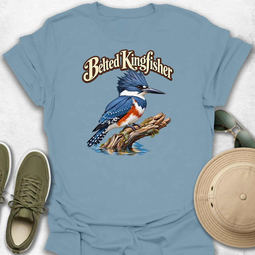 Belted Kingfisher on Mossy Driftwood with Name T-Shirt