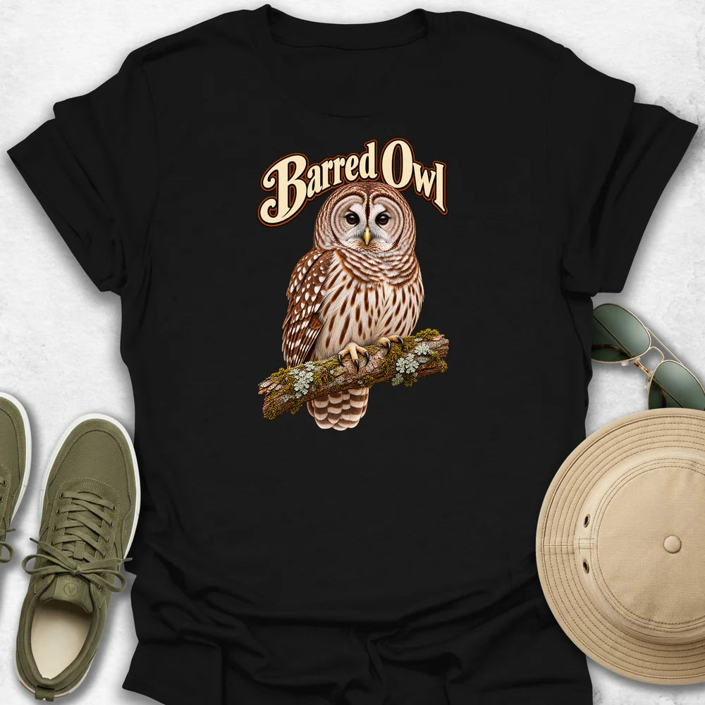 Barred Owl on a Branch with Name T-Shirt
