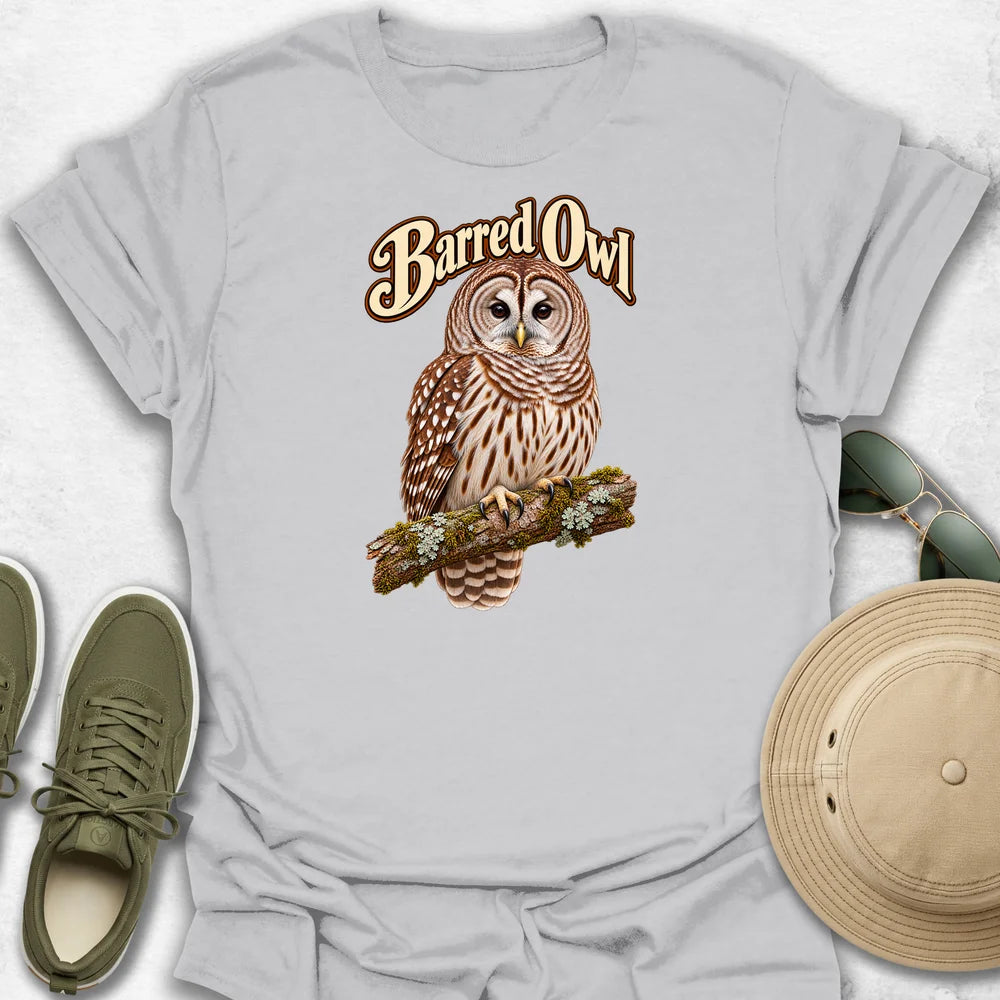 Barred Owl on a Branch with Name T-Shirt