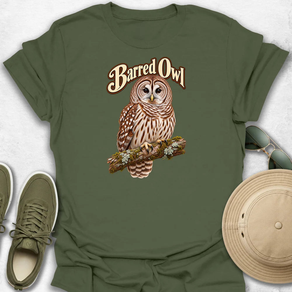 Barred Owl on a Branch with Name T-Shirt