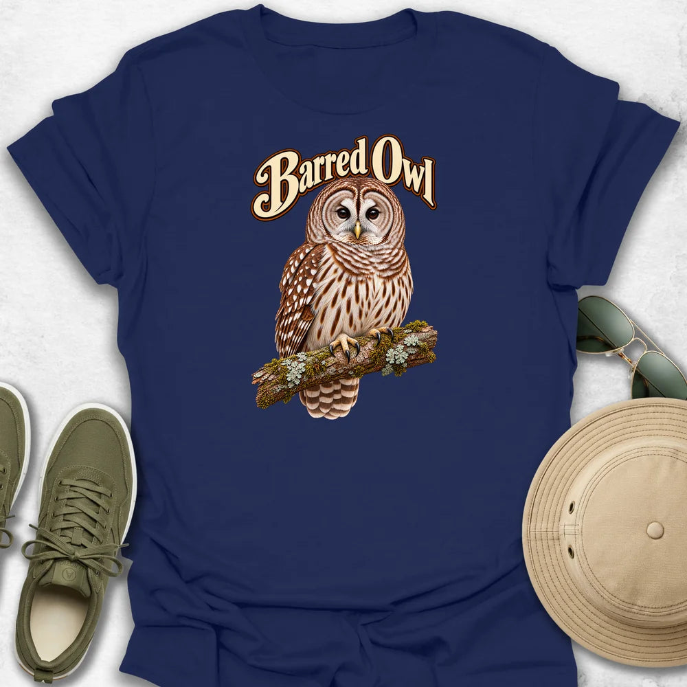 Barred Owl on a Branch with Name T-Shirt