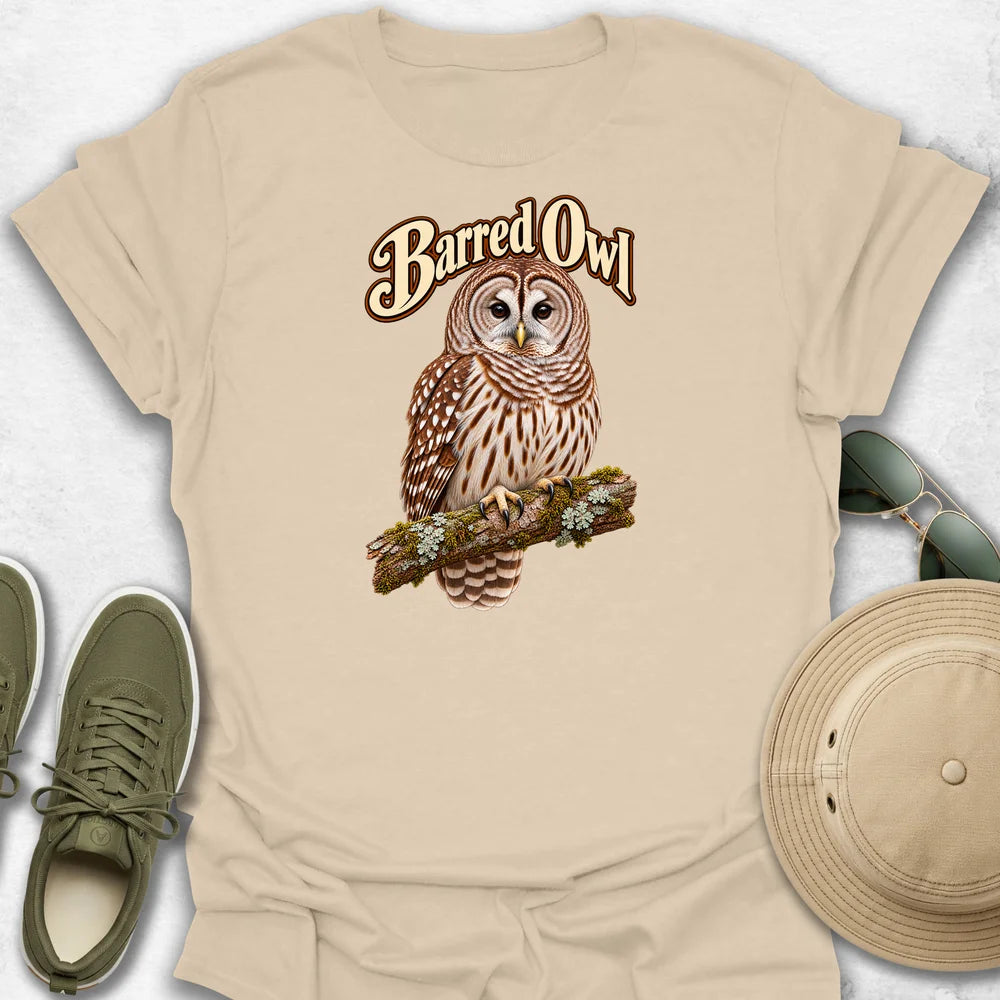 Barred Owl on a Branch with Name T-Shirt