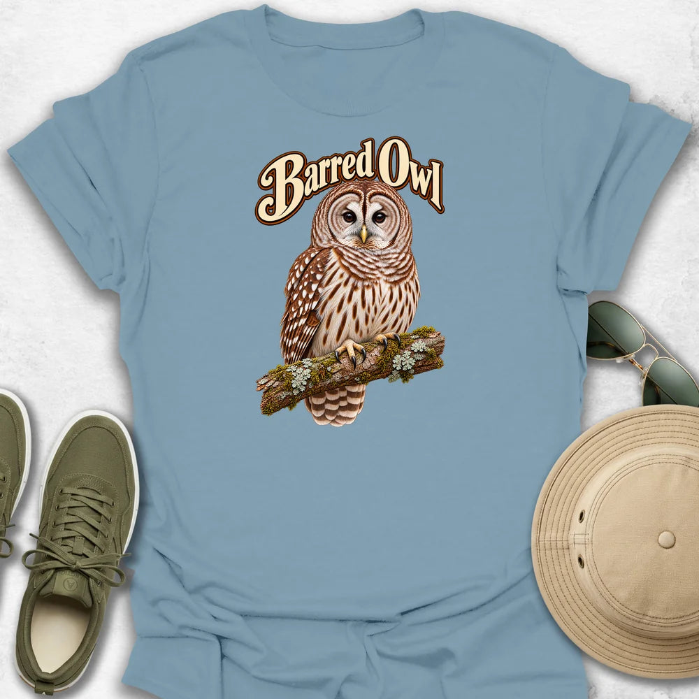 Barred Owl on a Branch with Name T-Shirt