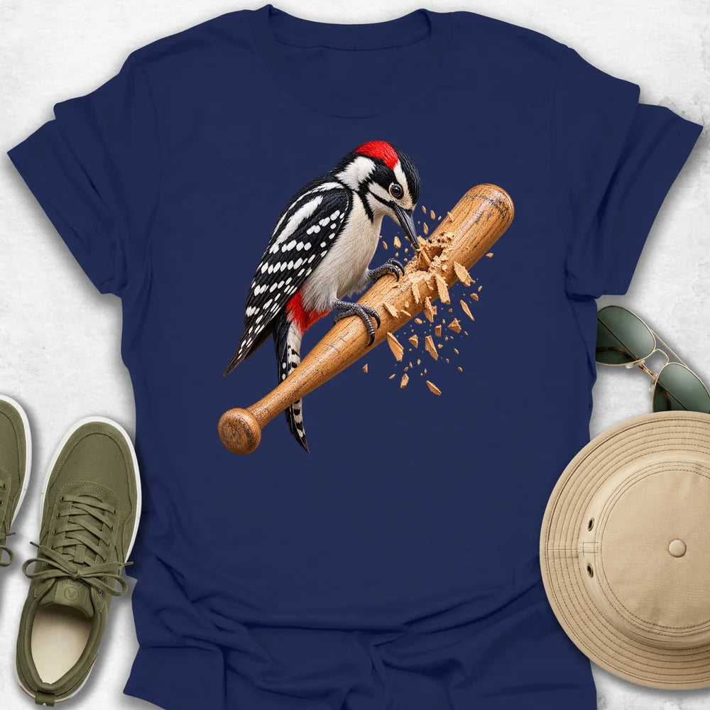 Woodpecker Drilling a Baseball Bat T-Shirt in Navy