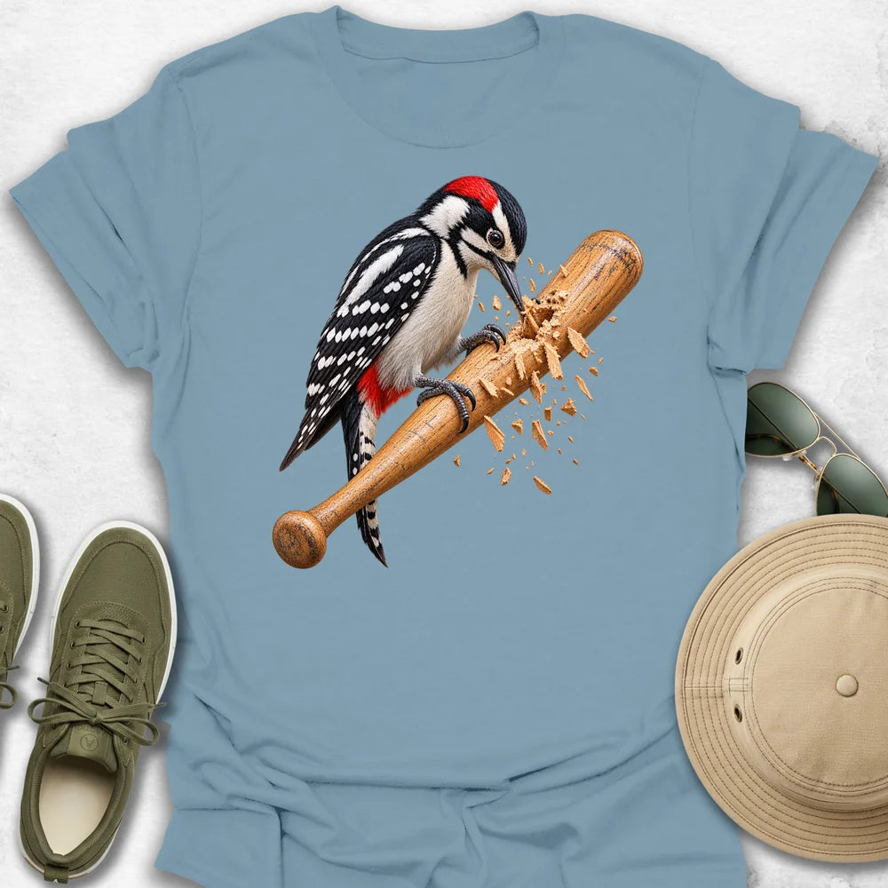 Woodpecker Drilling a Baseball Bat T-Shirt in Stone Blue