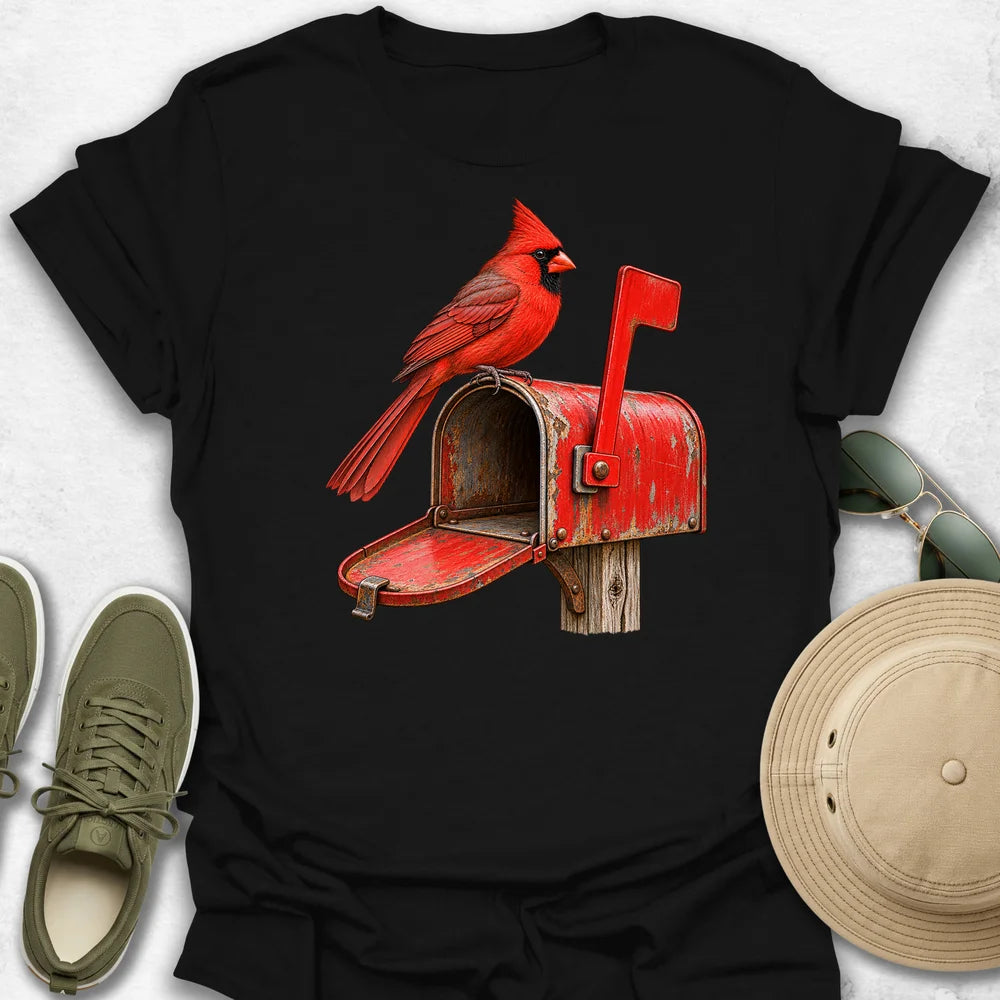 Cardinal on a Mailbox T-Shirt in Black
