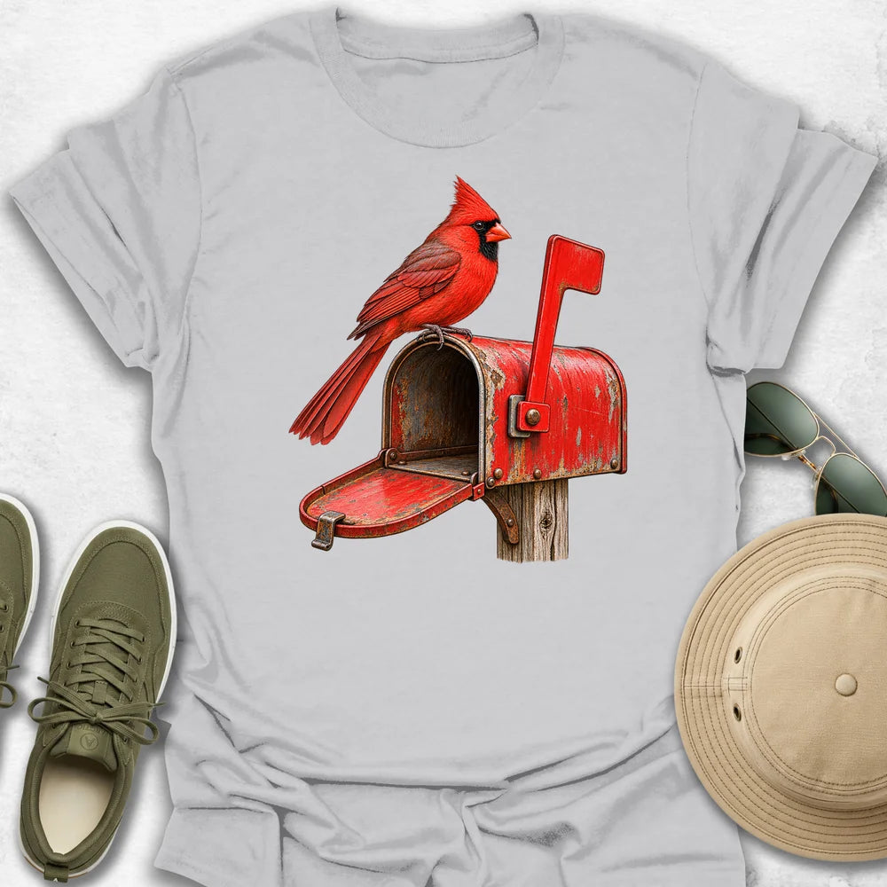 Cardinal on a Mailbox T-Shirt in Ice Grey