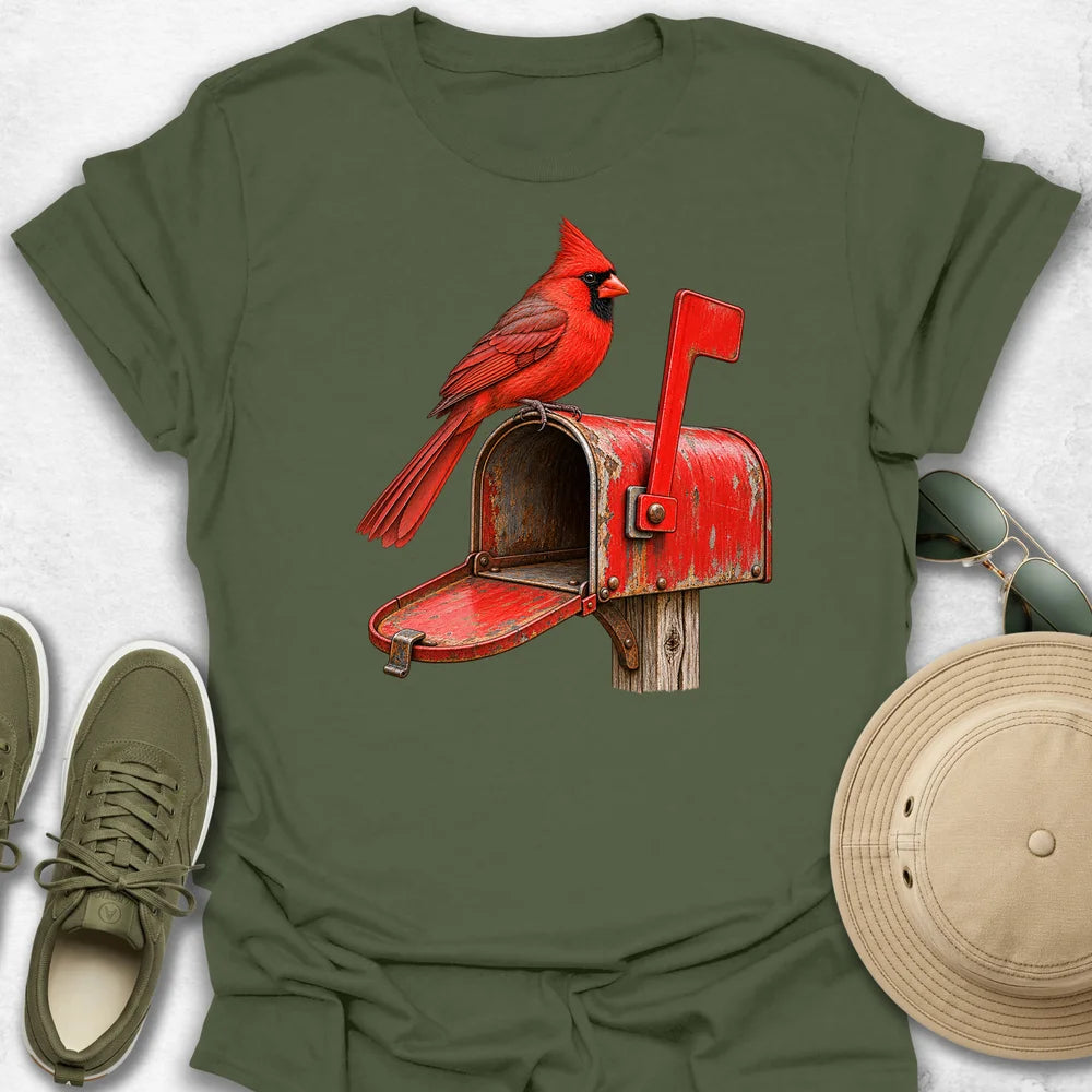 Cardinal on a Mailbox T-Shirt in Military Green