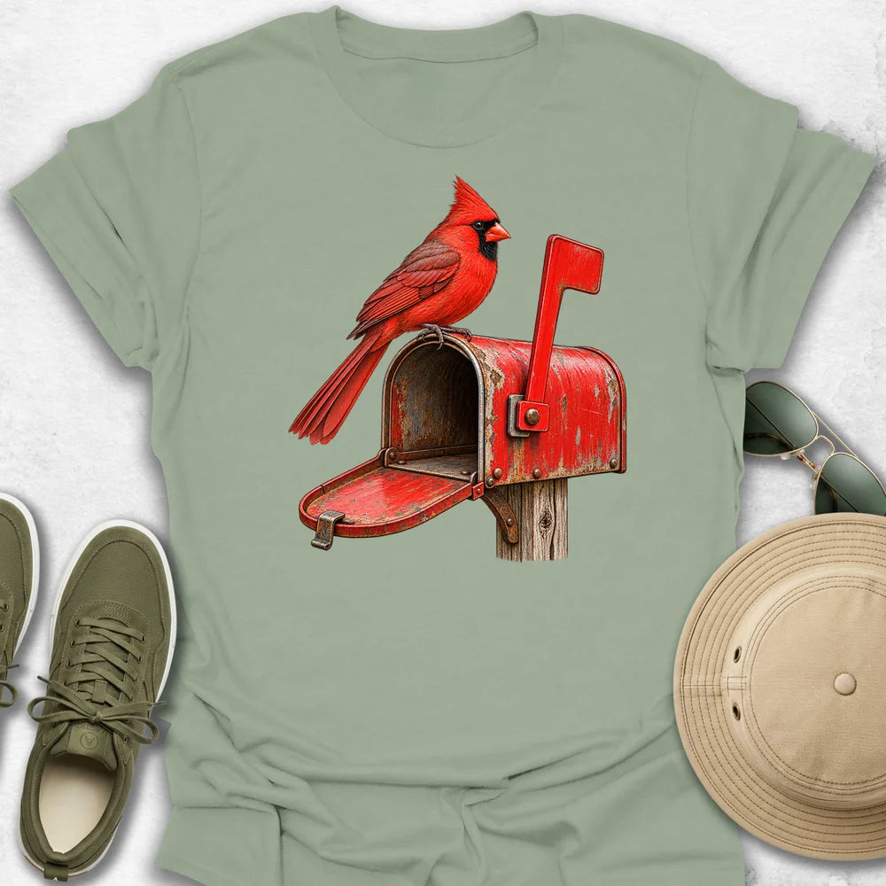 Cardinal on a Mailbox T-Shirt in Sage