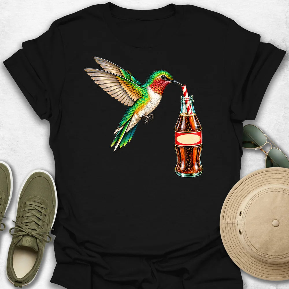 Hummingbird Sipping Vintage Soda T-Shirt in Black