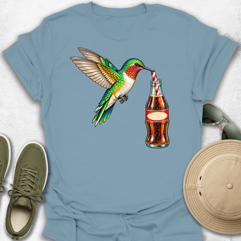 Hummingbird Sipping Vintage Soda T-Shirt in Stone Blue