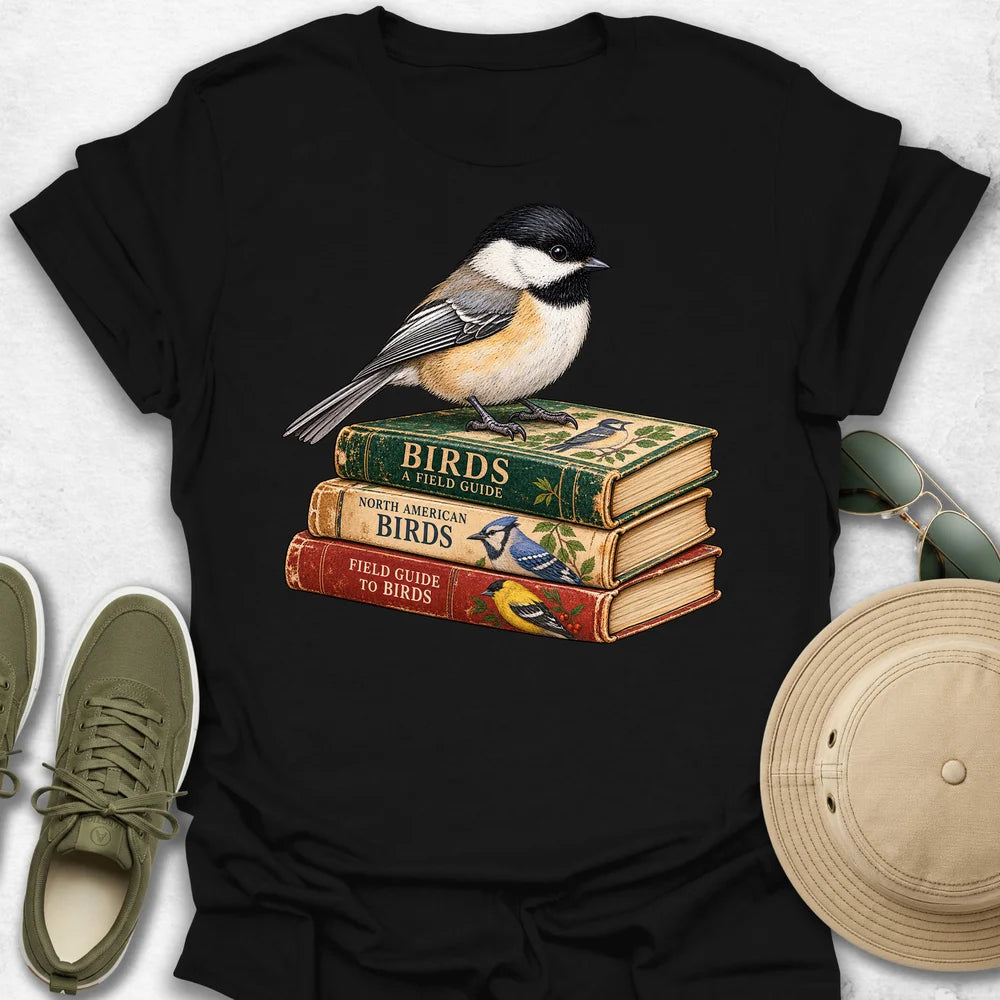 Chickadee on Vintage Bird Guides T-Shirt in Black