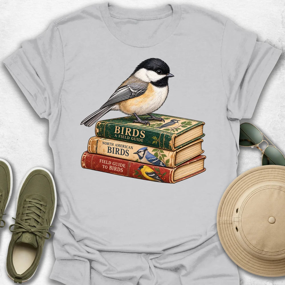 Chickadee on Vintage Bird Guides T-Shirt in Ice Grey