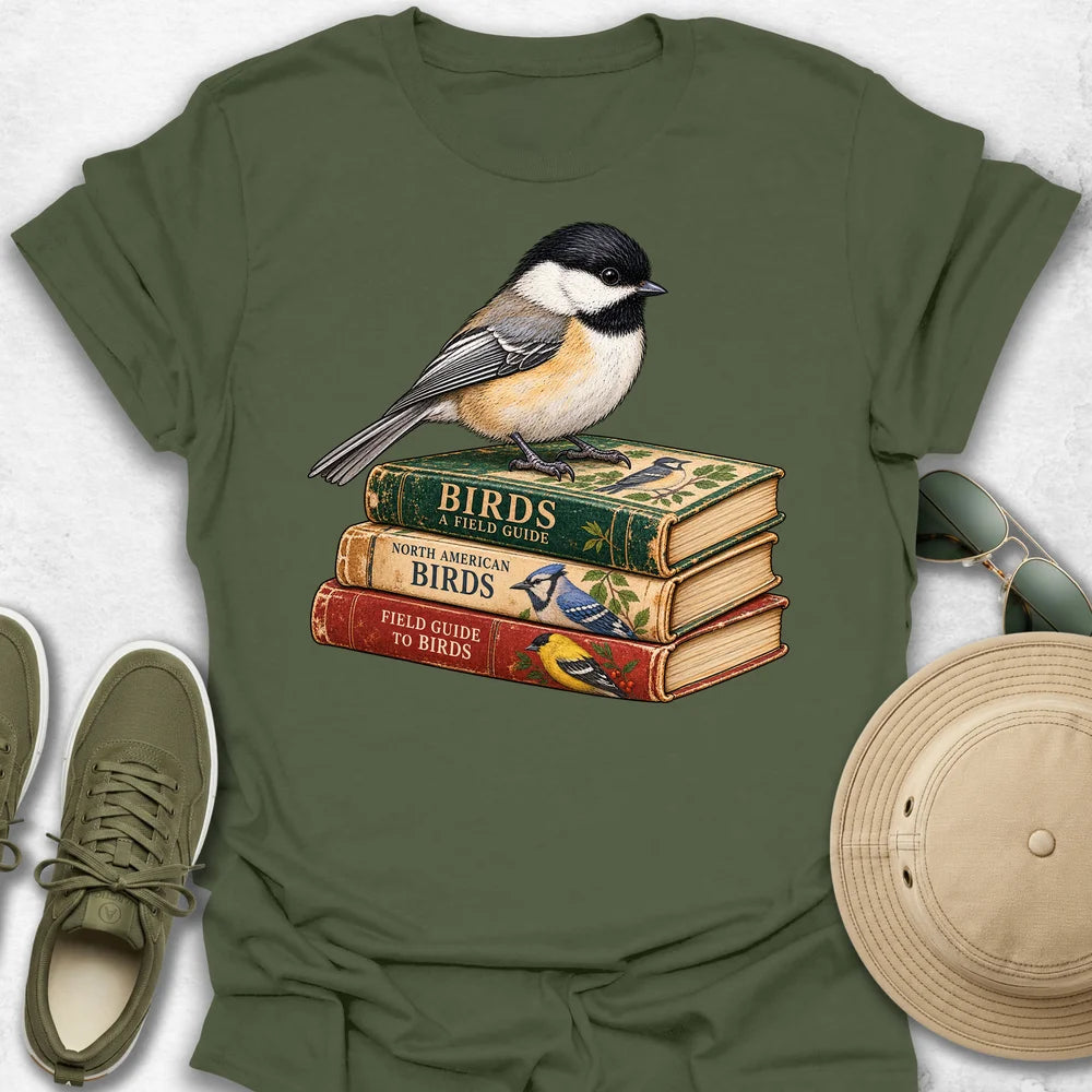 Chickadee on Vintage Bird Guides T-Shirt in Military Green