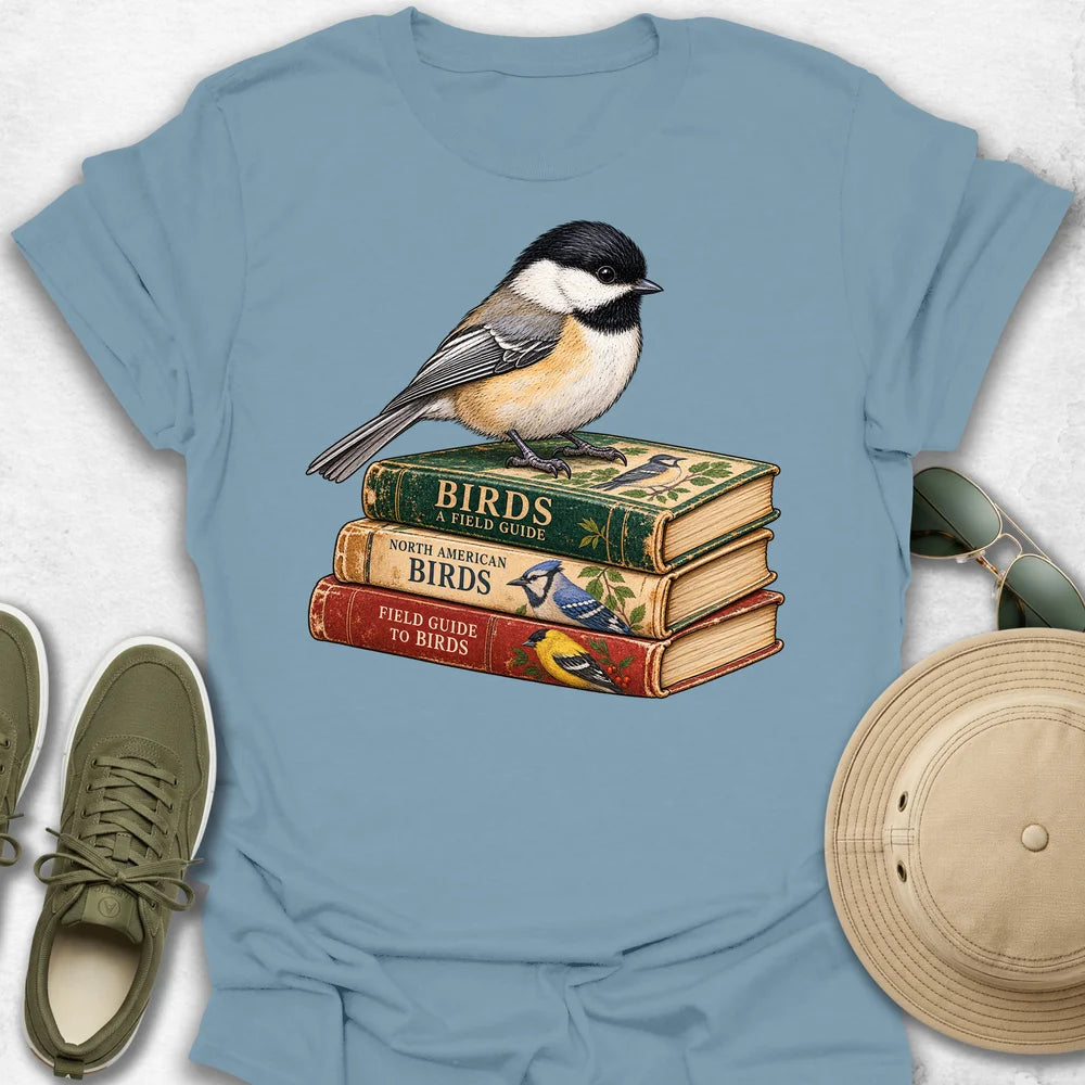 Chickadee on Vintage Bird Guides T-Shirt in Stone Blue