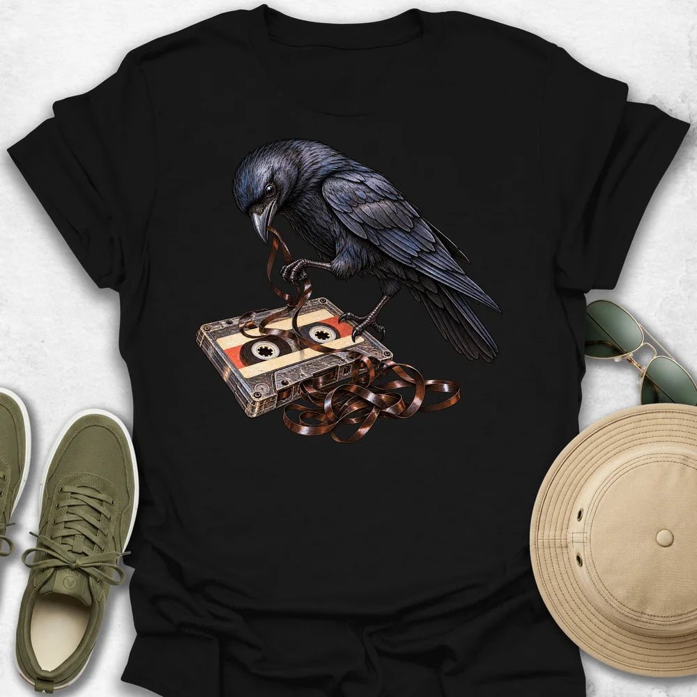 Mischievous Crow Unravels Cassette Tape T-Shirt