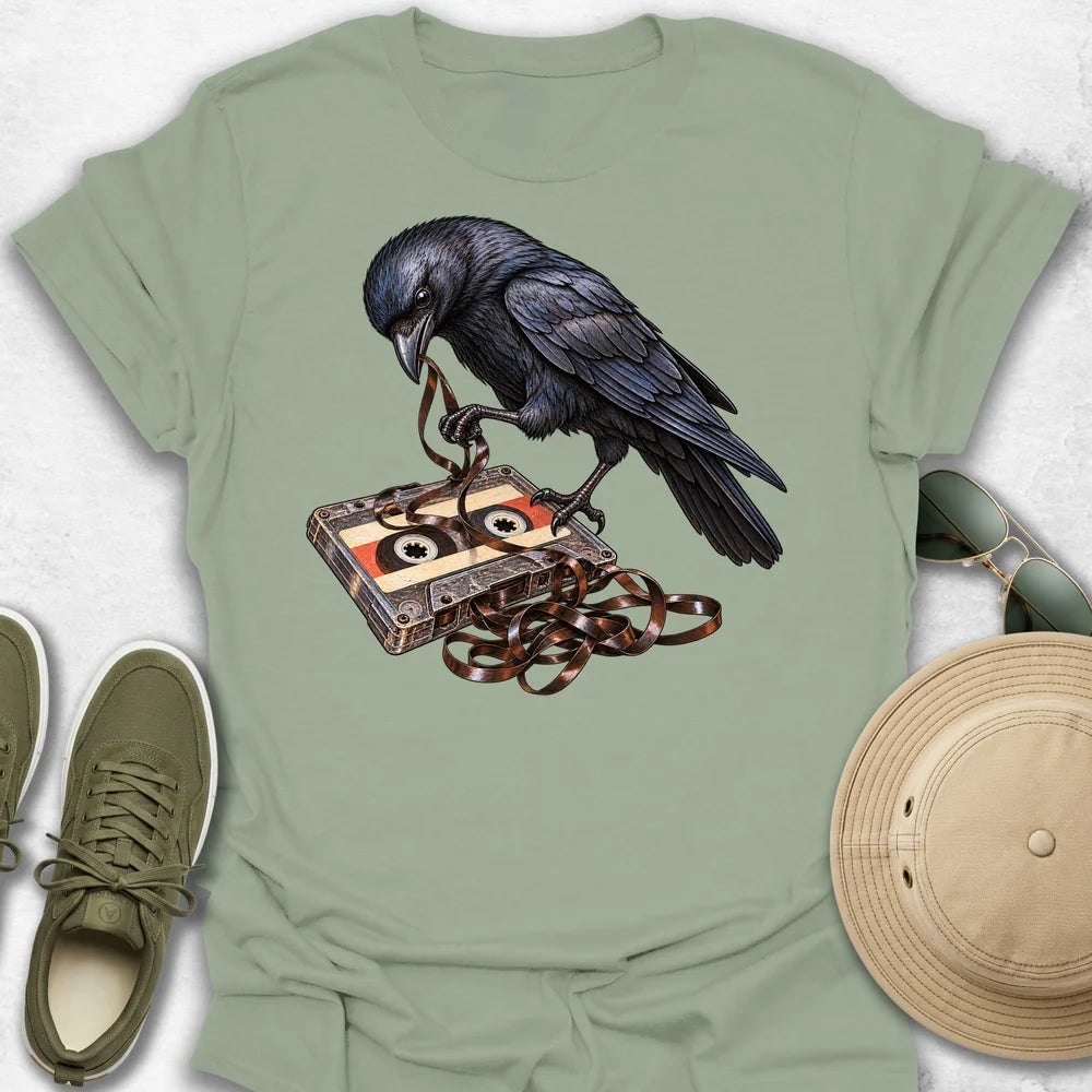 Mischievous Crow Unravels Cassette Tape T-Shirt
